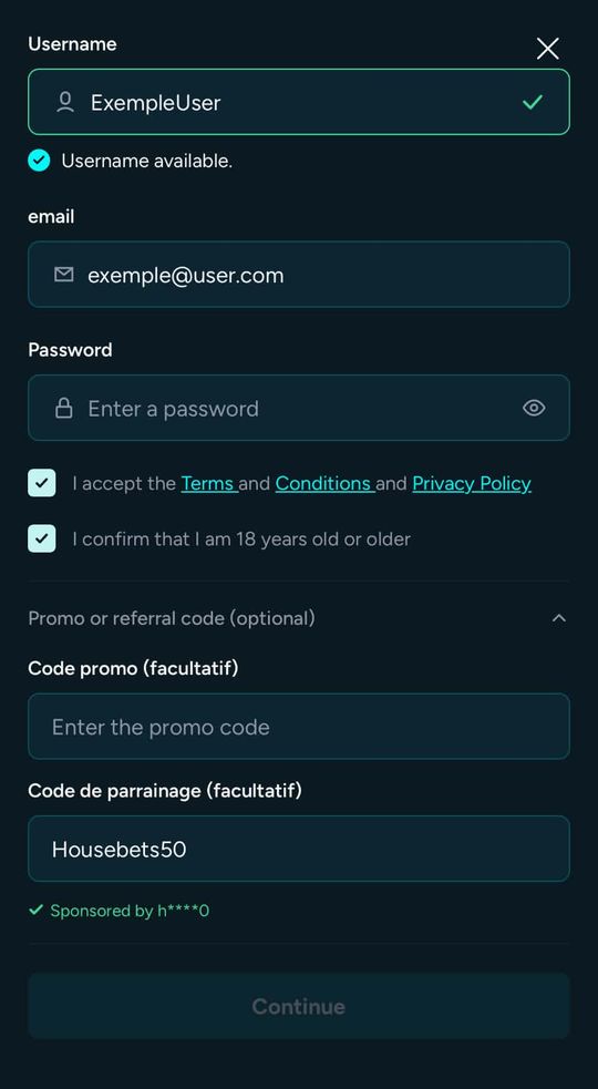 Housebets sign-up form with housebets50 in the referral code field and the Sponsored by confirmation